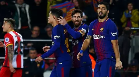 מסי, סוארס וקוטיניו חוגגים מול ג'ירונה (La Liga)