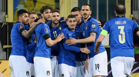 שחקני נבחרת איטליה חוגגים עם דומניקו ברארדי (רויטרס)
