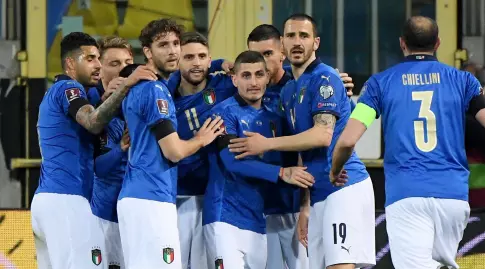 שחקני נבחרת איטליה חוגגים עם דומניקו ברארדי (רויטרס)