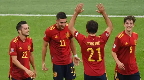 שחקני נבחרת ספרד חוגגים עם פראן טורס (רויטרס)